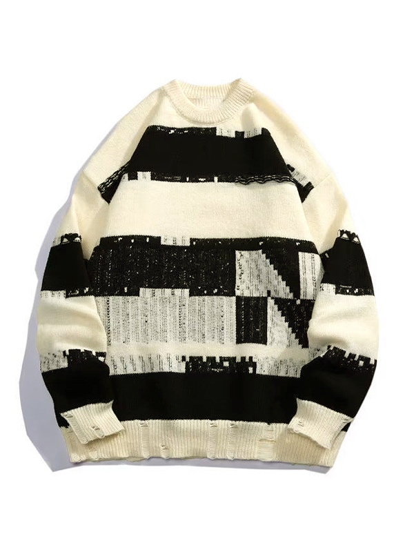 Men's Contrast Color Tattered Irregular Design Sweater-1
