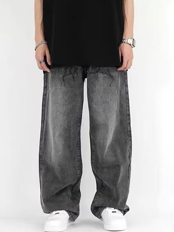 Men's Washed Crackle Print Loose Jeans-3