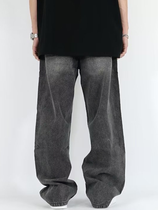 Men's Washed Crackle Print Loose Jeans-2