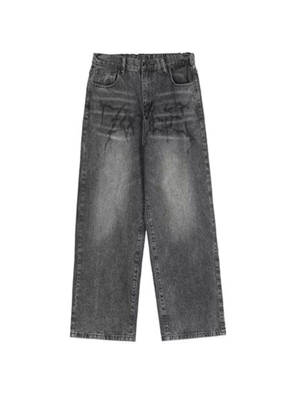 Men's Washed Crackle Print Loose Jeans-4
