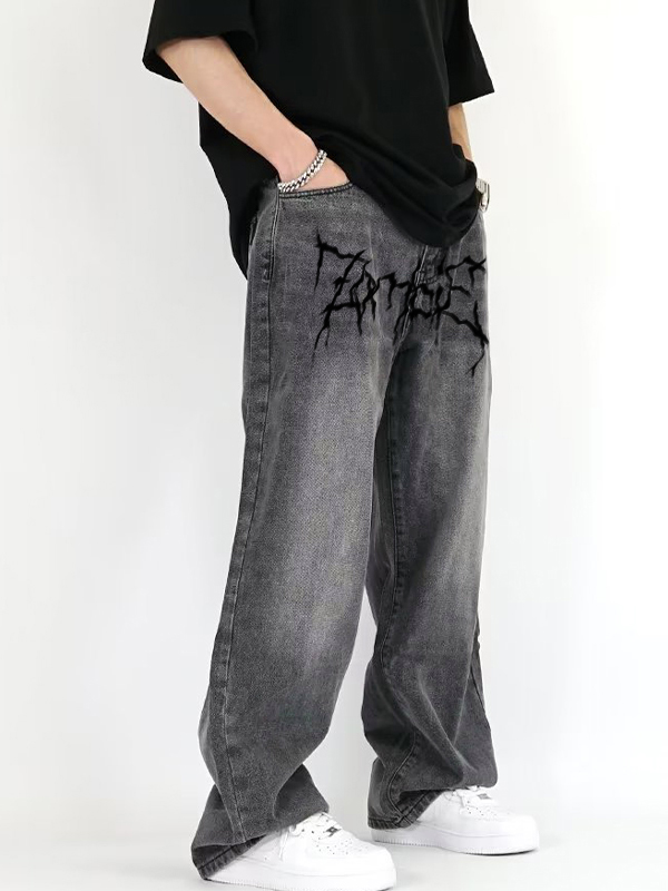 Men's Washed Crackle Print Loose Jeans-1