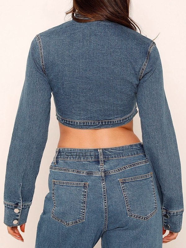 Splice Zip Up Slim Denim Short Jacket-3