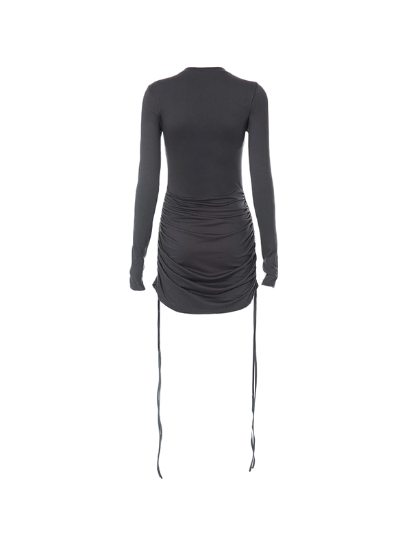 Solid Crew Neck Drawstring Shirred Mini Dress-4