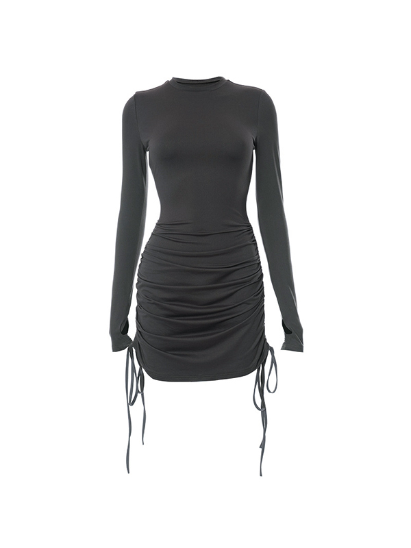 Solid Crew Neck Drawstring Shirred Mini Dress-3
