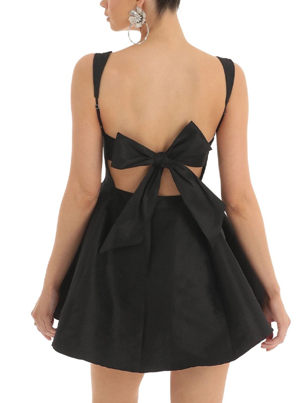 Solid Backless Bow Mini Dress-1