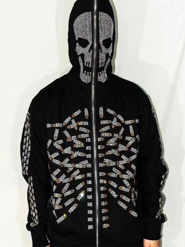 Men's Rhinestone Skull Zip Up Hoodie-2
