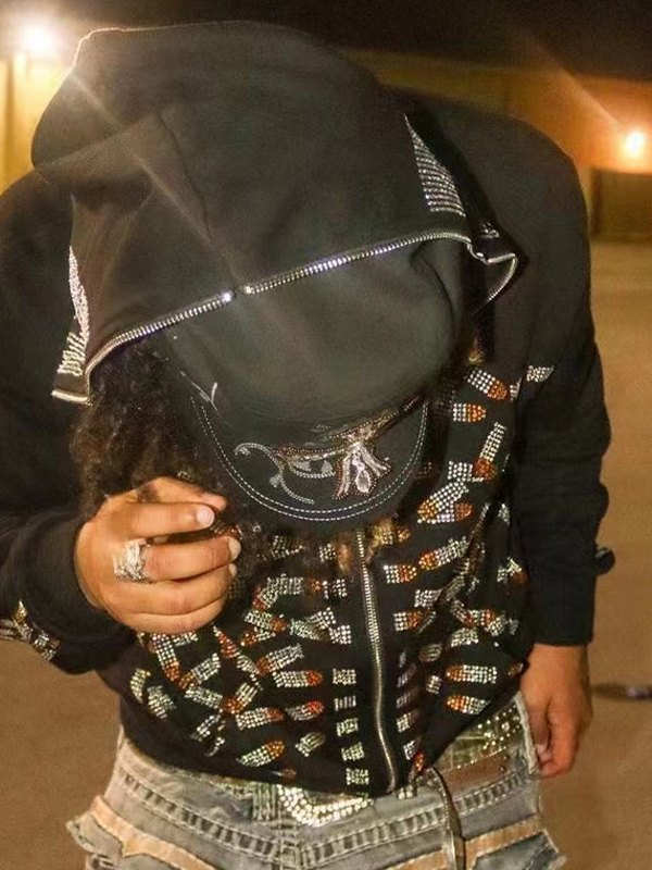 Men's Rhinestone Skull Zip Up Hoodie-3