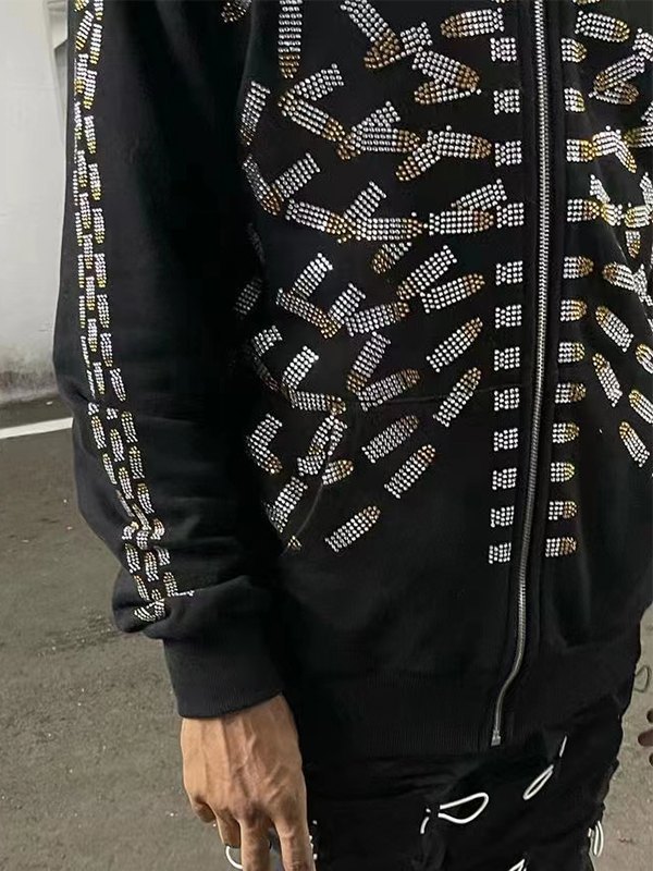 Men's Rhinestone Skull Zip Up Hoodie-1