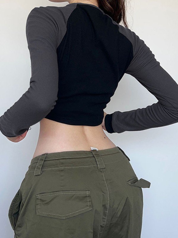Patchwork Zip Up Long Sleeve Crop Top-2