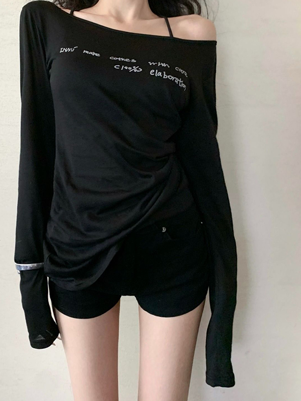 Letter Print One Shoulder Thin Long Sleeve Tee-1
