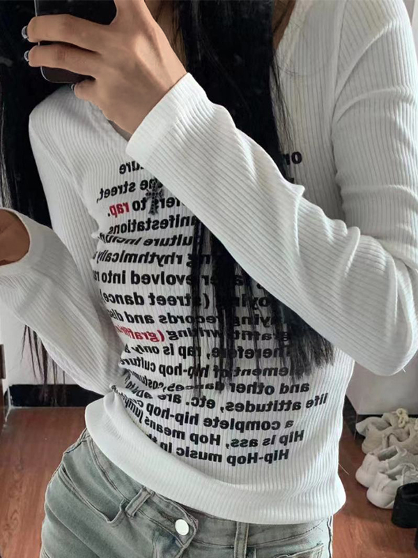 Letter Print U Neck Long Sleeve Knit-1