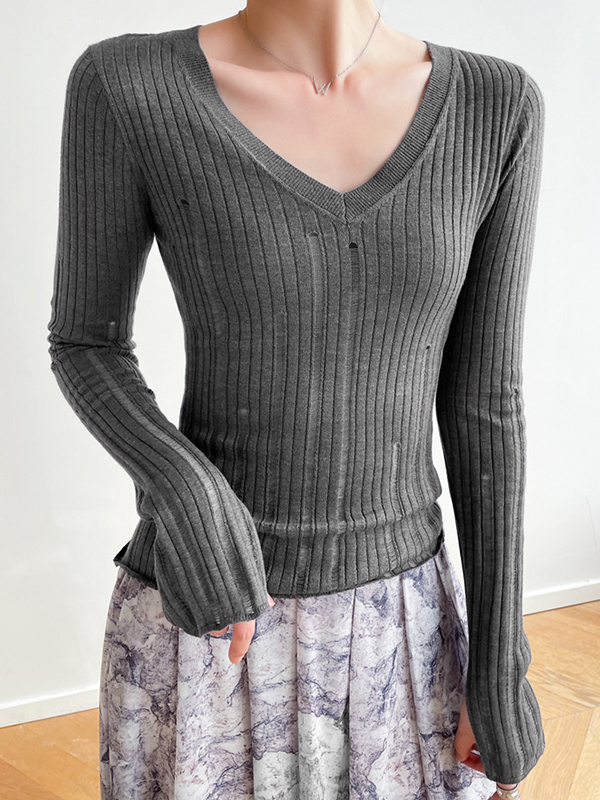 V Neck Slim Cutout Long Sleeve Knit-1