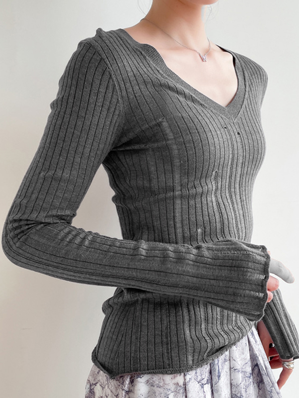 V Neck Slim Cutout Long Sleeve Knit-3