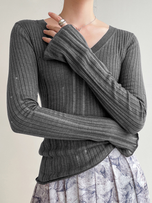 V Neck Slim Cutout Long Sleeve Knit-2