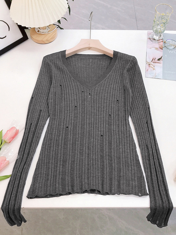 V Neck Slim Cutout Long Sleeve Knit-5
