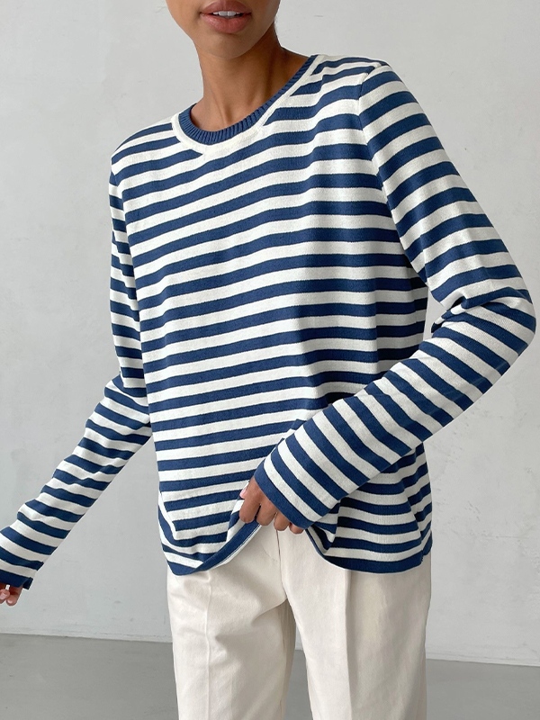 Striped Crew Neck Knit Sweater-2