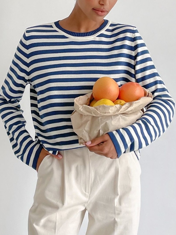 Striped Crew Neck Knit Sweater-1